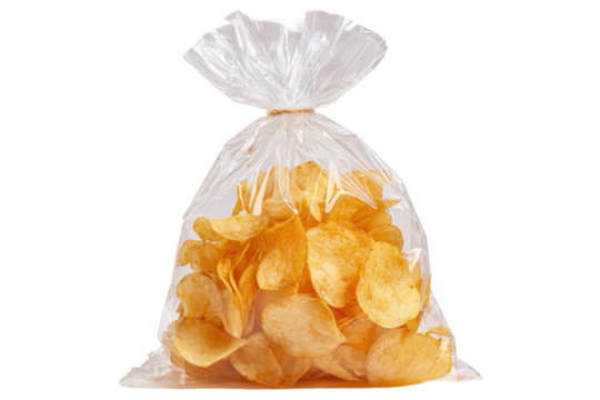 Golden potato chips collected inside clear plastic bag on transparent background