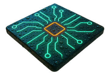 Glowing microchip with water droplets on transparent background