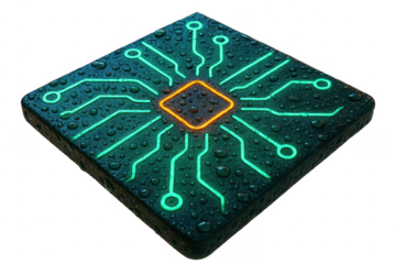 Glowing microchip with water droplets on transparent background