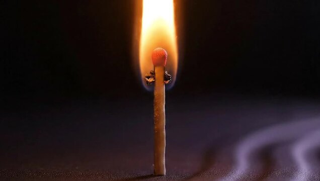 Burning matchstick flame close up macro photography fire safety ignition light bright dark wood