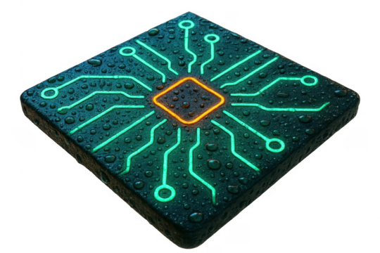 Glowing microchip with water droplets on transparent background