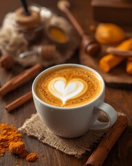 A beautifully decorated cup of coffee with a heart-shaped design on top, surrounded by cinnamon sticks and various spices. The scene evokes a feeling of warmth, comfort, and sensory delight