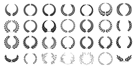 Laurel wreath, award and crest icon with olive leaves, circle vector emblem. Greek border trophy frame, champion badge, winner prize. Vintage ornament for certificate, wedding heraldic decoration set © WinWin