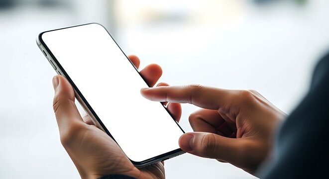 Person holding smartphone with blank white screen and touching it with finger hand - Powered by Adobe