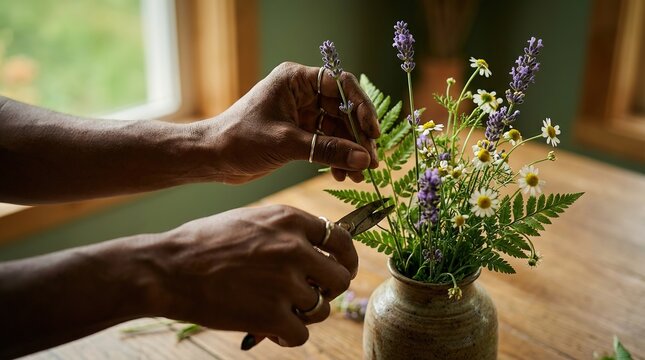 A person carefully arranging a beautiful floral arrangement, showcasing skill and artistic flair.