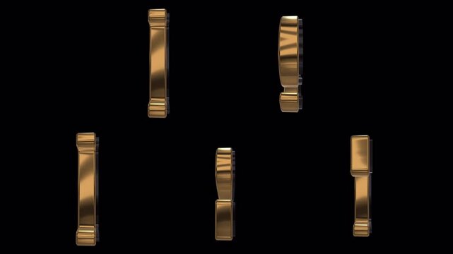 Set of 3D Animated Black and Gold Capital Letters on Black Background (P,Q,R,S,T)