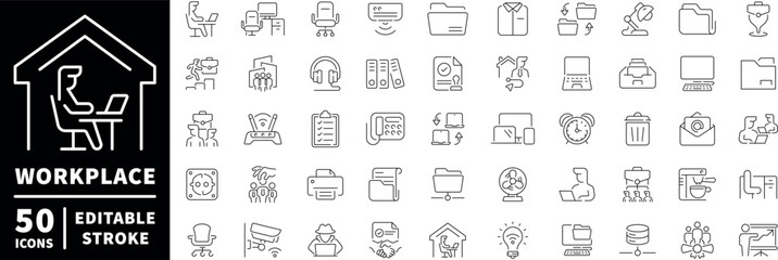 Workplace icons set. editable line icons, outline, office, business symbols