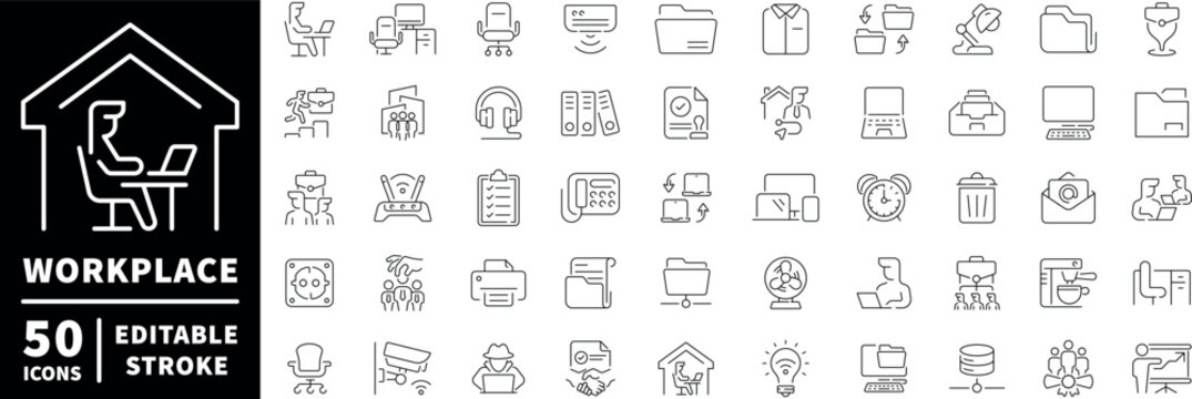 Workplace icons set. editable line icons, outline, office, business symbols