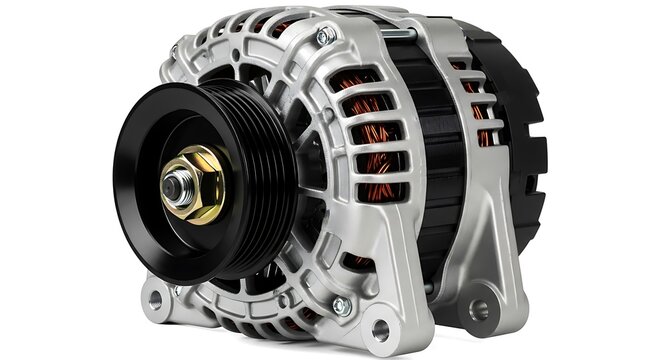 Silver car alternator with black pulley and copper windings on white auto vehicle