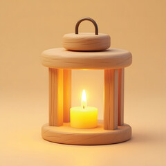 3D Mini Cute Icon of a Wooden Lantern Frame with Yellow Candle Light on a Plain Background Representing Rustic Decorative Lighting