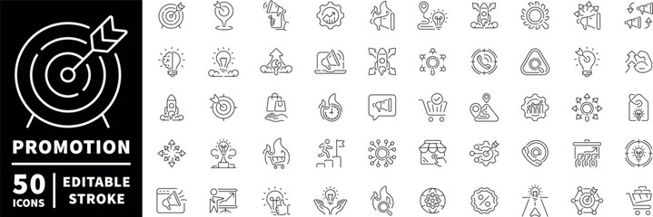 Promotion and marketing icons set - line, editable line icons, advertising symbols