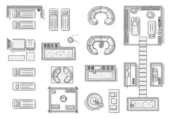 Top Down View of Various Furniture Arrangements and Floor Plans furniture icons interior design architecture