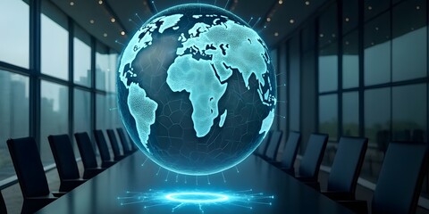 Immersive view of a high tech meeting space featuring a 3D projection of Earth above a glass table, with natural light and an urban skyline