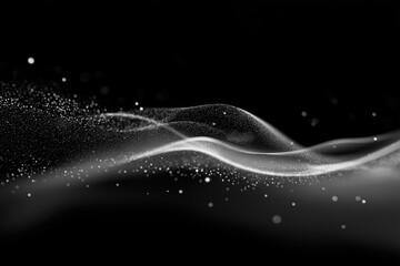 Futuristic abstract design on dark grey background with moving white dots, wave patterns, and glowing smoke particles, perfect for technology videos, digital interfaces, and innovative project visuals