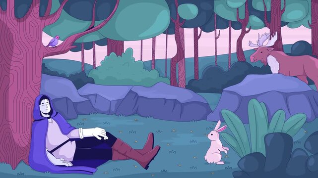 Forest breeze lofi respite animation cartoon wallpaper. Cloak man resting against tree in gently swaying woods with animals. Medieval fantasy. Lo fi 2D animated 4k video. Concept chill aesthetic