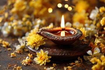 Diwali Celebration - Lit Diya Lamp Amidst Floral Decorations.