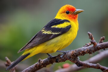 Fototapeta premium Vibrant Male Western Tanager in Natural Habitat - A Songbird of the Wild
