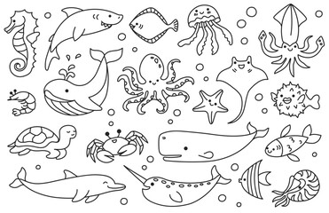 Fototapeta premium Sea animal doodle, line fish and marine creature, ocean cartoon underwater sketch. Octopus and seahorse, dolphin and turtle, whale and jellyfish, shark and crab aquatic undersea isolated vector set