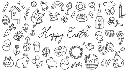 Easter doodle icon set with egg and bunny, chick spring cute hand drawn design. Rabbit and butterfly, flower basket and dove, church holiday vector set. Happy Easter background, seasonal festive card