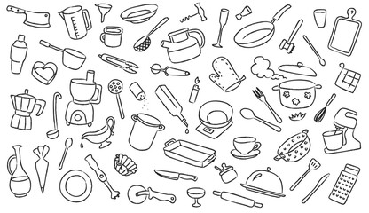 Fototapeta na wymiar Kitchen cook doodle utensil icons for chef sketch hand drawn illustration. Line art frying pan and saucepan, whisk and knife, fork and spoon. Digital kitchen scale, kettle and cooking pot outline set