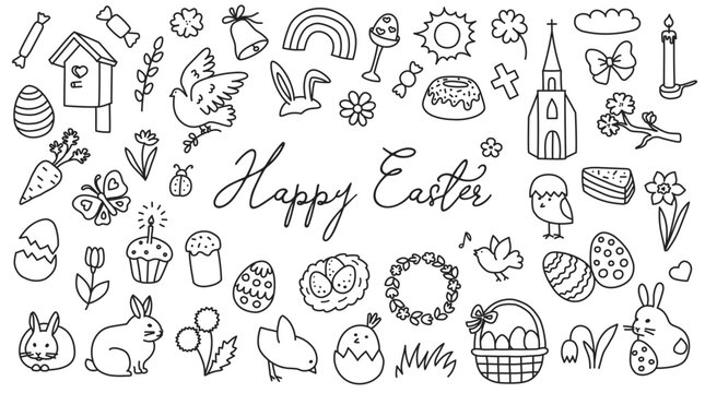 Easter doodle icon set with egg and bunny, chick spring cute hand drawn design. Rabbit and butterfly, flower basket and dove, church holiday vector set. Happy Easter background, seasonal festive card