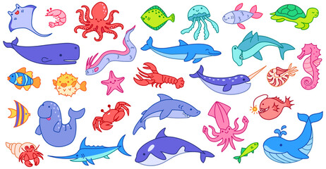 Cartoon sea animals. Hand drawn whales, sharks and dolphins, octopus and fish, turtle and crab, lobster and squid, jellyfish and narwhal cute ocean creatures vector isolated set © WinWin