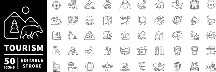 Tourism icons set. editable line icons, outline, vacation, travel, adventure symbols