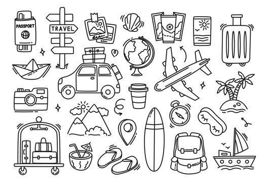 Travel hand drawn doodle icon set. Plane and suitcase for journey, flight vacation sketch. Passport and camera, globe and compass summer holiday design. Tourism card, cute sticker, map vector element