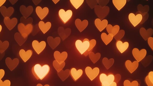 Romantic bokeh hearts in warm tones, captured from a straight angle, perfect for a love-themed video. Live desktop wallpaper.