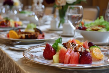 Elegant Table Setting with Fresh Fruit and Salad.