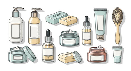 Hand-drawn collection of skincare and cosmetic products for a daily beauty routine, including cream jars, serum bottles, soap bars, and a hairbrush