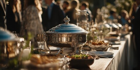 Elegant Buffet Display at Outdoor Event with Silver Chafing Dishes.