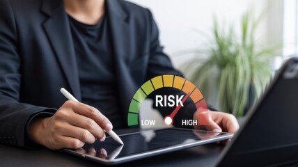 Assessing Risk: A professional interacts with a tablet displaying a risk assessment meter, highlighting the dynamic nature of potential challenges in business. 
