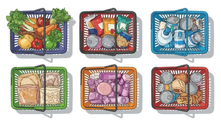 Collection of assorted groceries and household items neatly arranged in six shopping baskets, offering a diverse selection for everyday needs