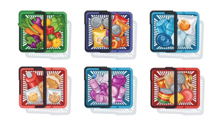 Top-down illustration of six shopping baskets with smartphones, showing categorized groceries for online ordering and delivery