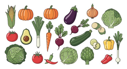 An assortment of colorful and detailed vector illustrations of various fresh garden vegetables, ideal for promoting healthy nutrition, cooking, and natural food concepts