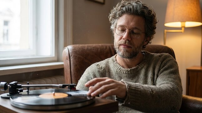 A man in sweater in a comfortable setting, engrossed in the ritual of playing a record on a classic turntable. Soft light from the lampshade warms the scene. - Powered by Adobe
