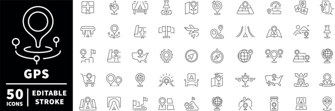 Gps icons set. editable line icons, navigation and location symbols, flat style