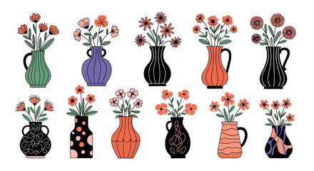 A delightful assortment of vividly colored flowers presented in an eclectic mix of uniquely patterned and shaped vases, offering a charming visual representation of contemporary floral design