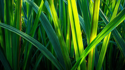 Closeup of vibrant green grass blades glistening with morning dew in the soft light of dawn