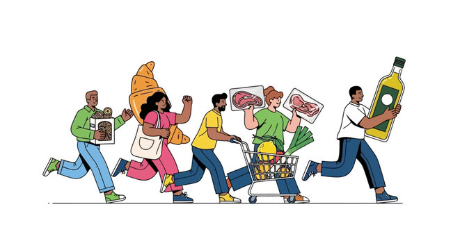 Diverse group of people running with groceries from a supermarket, illustrating the concept of consumer rush, panic buying, and food inflation