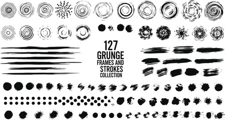 Grunge frame and stroke vector set, black ink textures, circular and linear brush elements, distressed design pack, abstract artistic graphics