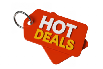 Red tag with white and yellow text H O T D E A L S isolated on a transparent background