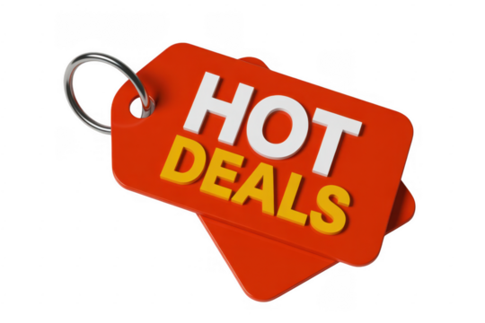 Red tag with white and yellow text H O T D E A L S isolated on a transparent background