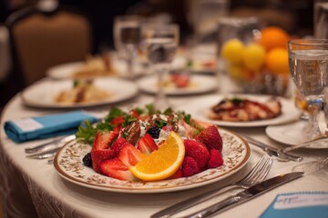 Elegant Table Setting with Fresh Fruit Salad and Entrees.