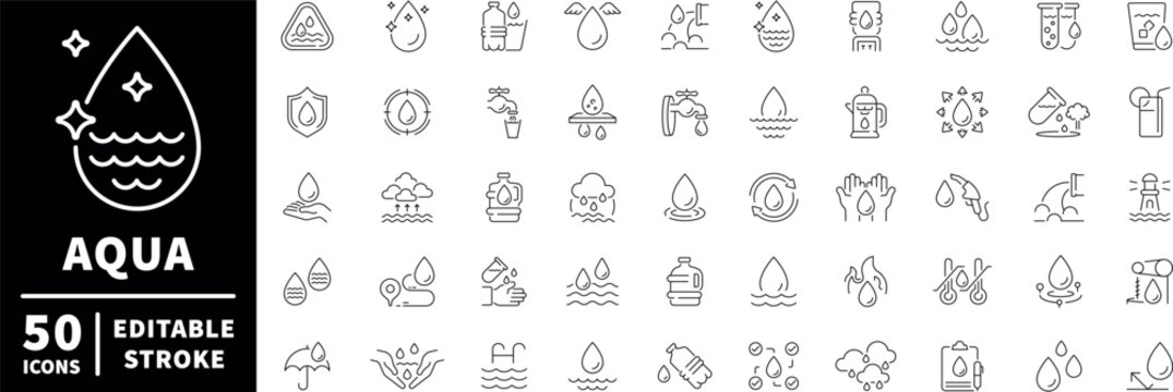 Water and aqua icons set. editable line icons, linear hydration symbols