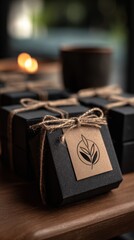 Elegant Black Gift Boxes with Natural Twine and Leaf Tag.