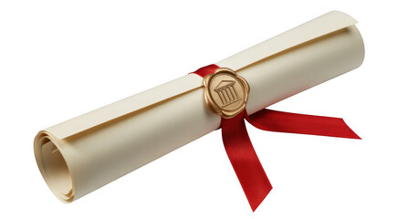 Rolled diploma with gold seal and red ribbon isolated on a transparent background