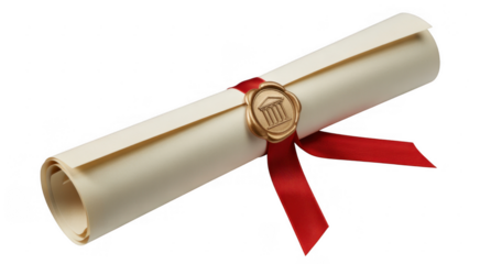 Rolled diploma with gold seal and red ribbon isolated on a transparent background