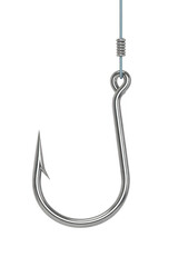 Silver fishing hook with blue line and coil isolated on a transparent background